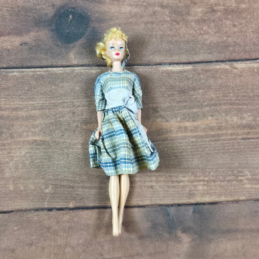 Mattel Barbie Doll Girls 11.5in Blue Good Plaid Dress Vintage 1958 Ponytail